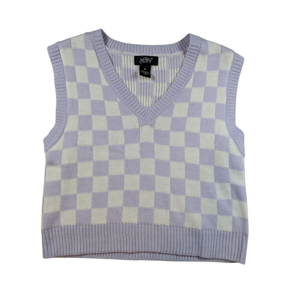 Cropped Checkered Sweater Vest Preppy Y2K V-Neck Purple White Women M Just Polly